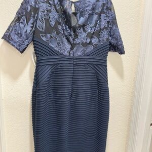 Adrianna Papell Navy Floral Lace & Pleated Midi Dress